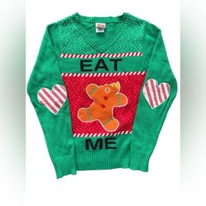 Spencer’s Eat Me Gingerbread vneck Ugly Christmas sweater women’s sz Medium